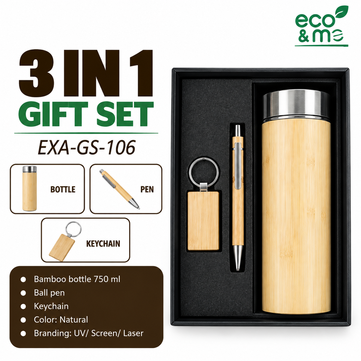 3 in 1 Bamboo Set | Bottle, Keychain & Pen | EXA-GS-106