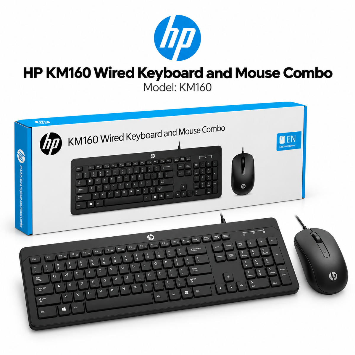HP KM160 Wired Keyboard and Mouse Combo | 1600 DPI Ergonomic Optical Sensor Mouse| Full-Size Keyboard | 12 Shortcut Keys